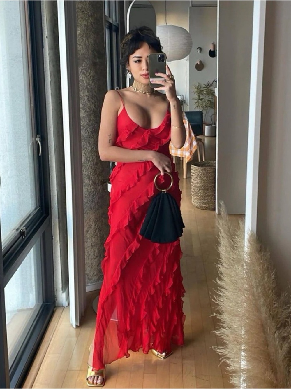 Red Ruffled Slip Dress